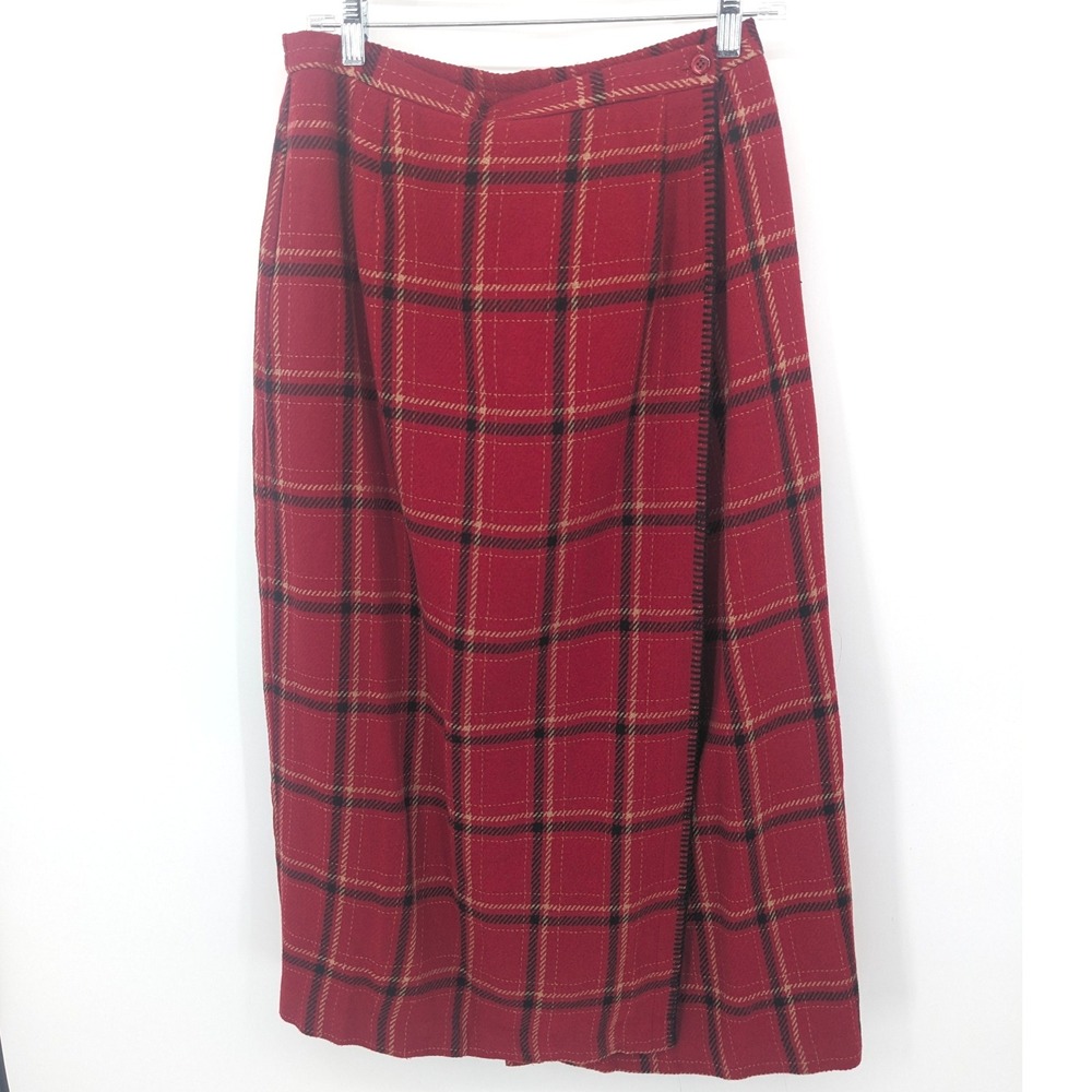 Requirements Maxi‎ Skirt Womens 12 Red Plaid Wool Blend Wrap Vintage Christmas